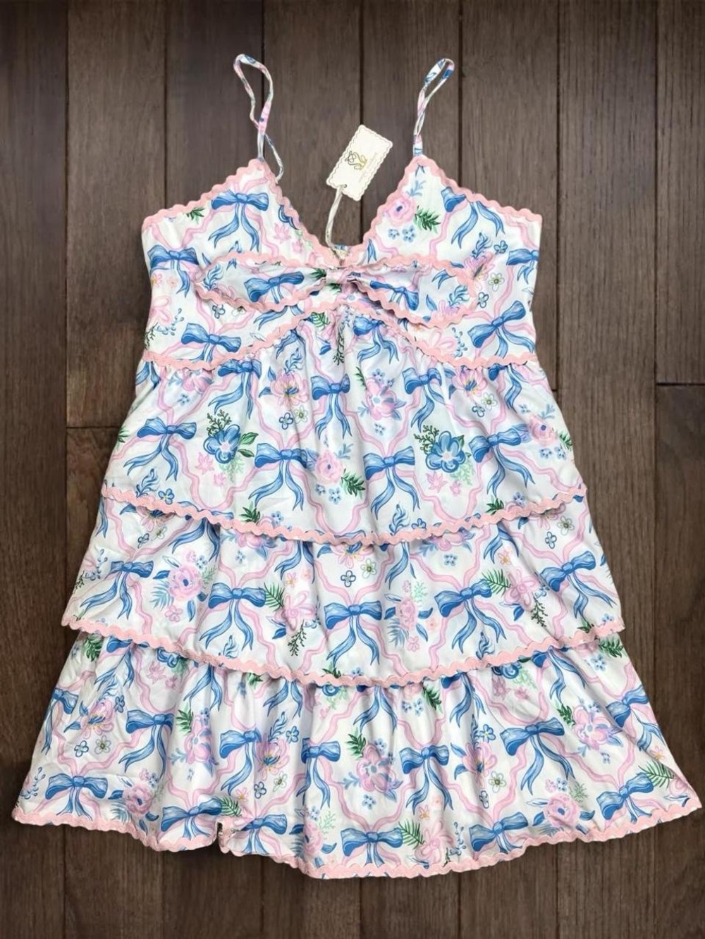 Simply Southern Floral Bow Tiered Midi Dress Pink Blue Green White NWT Large